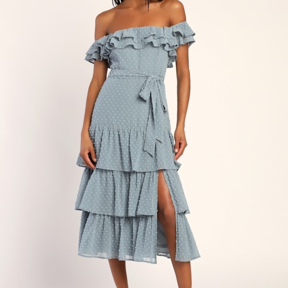 Lulus Dear To My Heart Slate Blue Swiss Dot Tiered Ruffled Midi Dress - Size M
